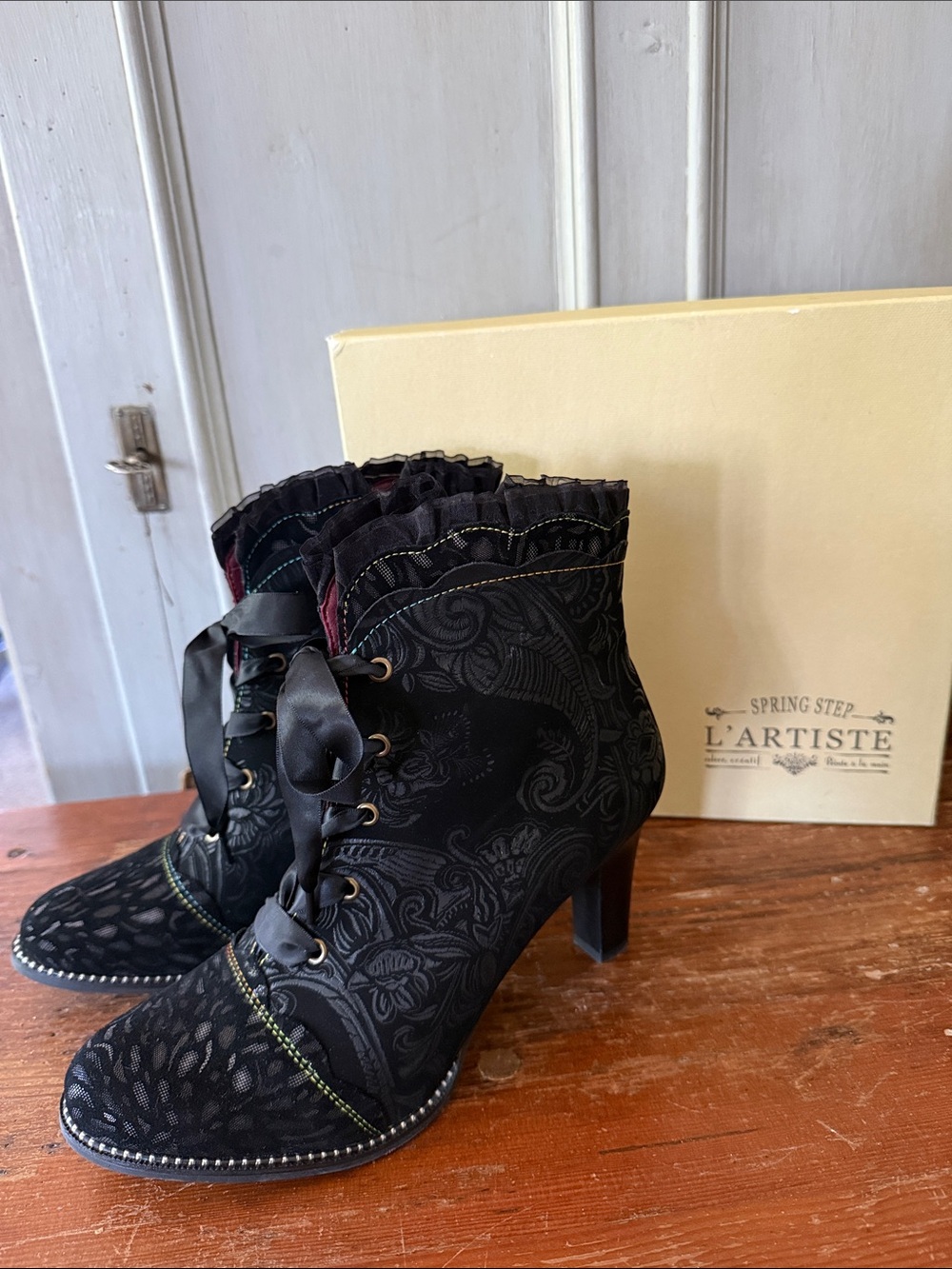 L’artiste Spring Step Black Paisley Lace-Up Ankle Boots 3” heel 9”high.